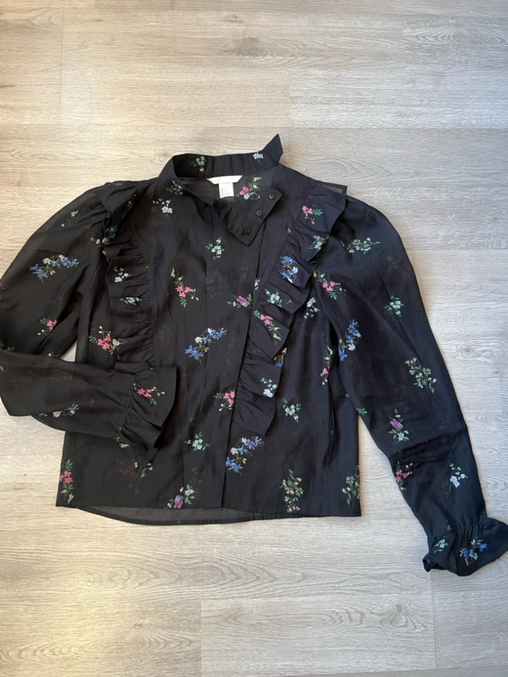 HM Black Floral Semi Sheer Ruffle Button-Up Blouse
